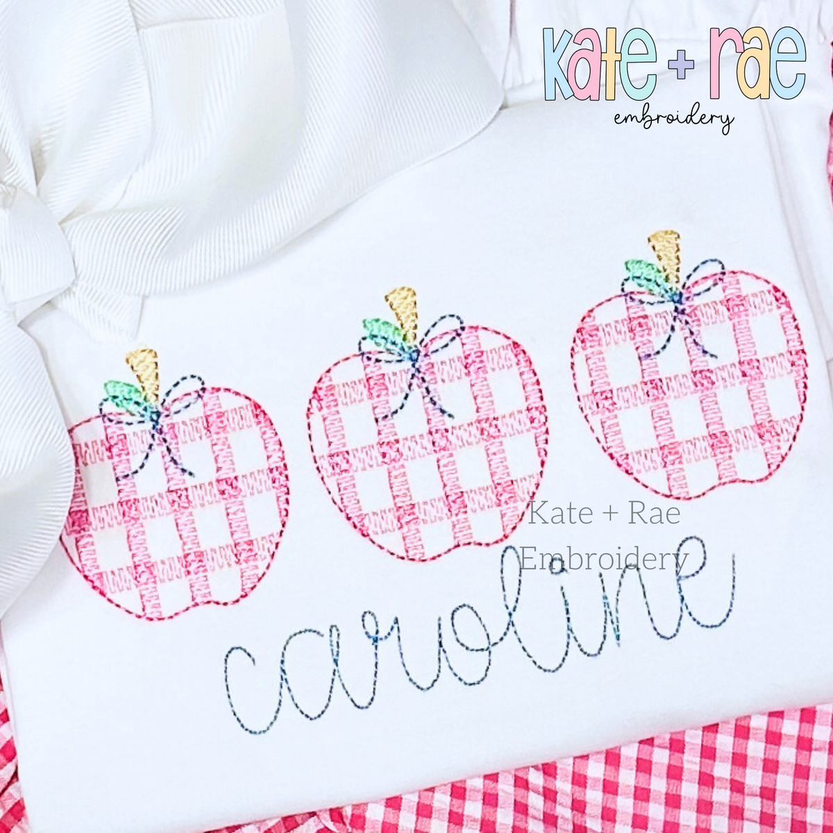 Girl's Plaid Filled Apple Trio Embroidery Design