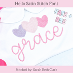 Hello Satin Stitch Embroidery Font: Three overlapping pink and purple hearts above the name grace in pink script on a white shirt