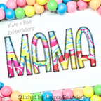 Kinley Zigzag Stitch Applique Embroidery Font: The word Mama in bright swirl print applique letters on white fabric