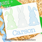 Boy's Easter Bunny Trio Sketch Stitch Embroidery Design: Green, gray, and blue sketch stitch bunnies above the name Carson in blue on a white shirt