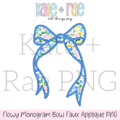 Flowy Monogram Longtail Bow Faux Satin Applique PNG