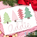 Whimsical Kiddie Christmas Tree Sketch Stitch Embroidery Design: Four whimsical Christmas trees in green, pink, and red above the name Addie in pink script on a white shirt