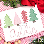 Whimsical Kiddie Christmas Tree Sketch Stitch Embroidery Design: Four whimsical Christmas trees in green, pink, and red above the name Addie in pink script on a white shirt