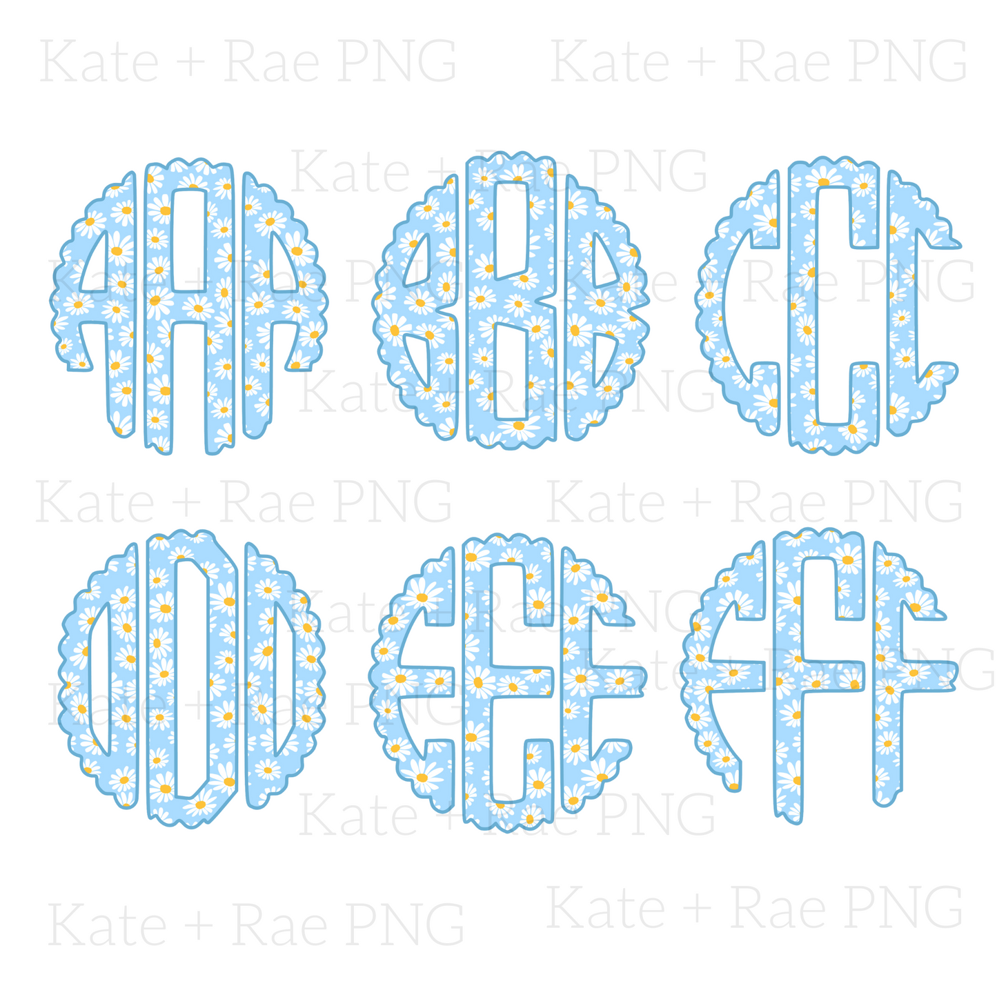 Blue Daisy Scalloped Circle Monogram