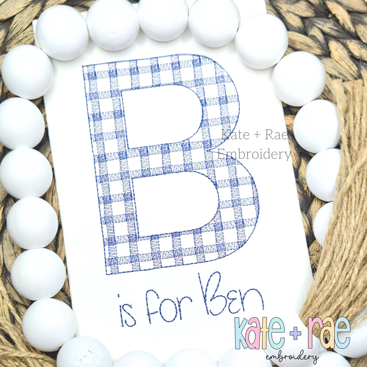Plaid Embroidery Font: Large navy gingham letter B above the words is for Ben on a white shirt