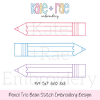 Pencil Trio Outline Bean Stitch Embroidery Design: Design preview of three outline pencils in pink, blue, and purple, available in 4x4, 5x7, 6x10, and 8x8