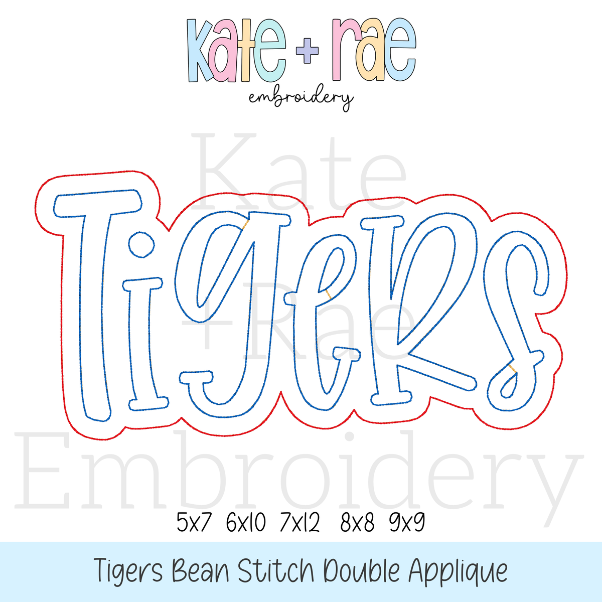 Tigers Double Applique Embroidery Design Bundle: Design preview of the word Tigers in light blue with a red bean stitch double outline, available in 5x7, 6x10, 7x12, 8x8, and 9x9
