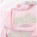 Dottie Satin Stitch Applique Embroidery Font: The names sadie and sutton in sage satin applique letters on pink sweaters