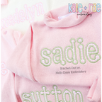 Dottie Satin Stitch Applique Embroidery Font: The names sadie and sutton in sage satin applique letters on pink sweaters