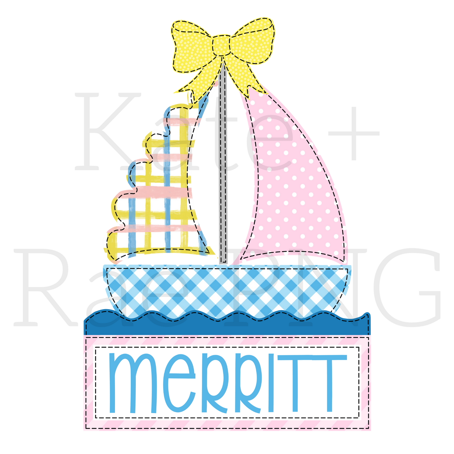 Girl's Sailboat Faux Applique with Name Plate PNG