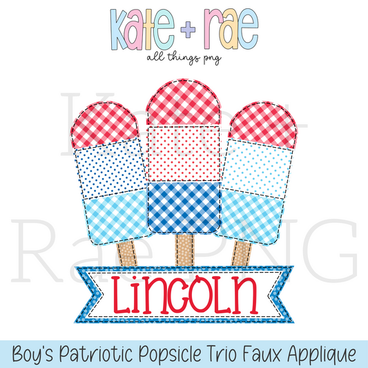 Boy's Patriotic Popsicle Trio Faux Applique PNG