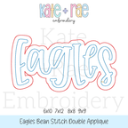Eagles Double Applique Embroidery Design Bundle: Design preview of the word Eagles in light blue script with a red bean stitch double outline, available in 6x10, 7x12, 8x8, and 9x9