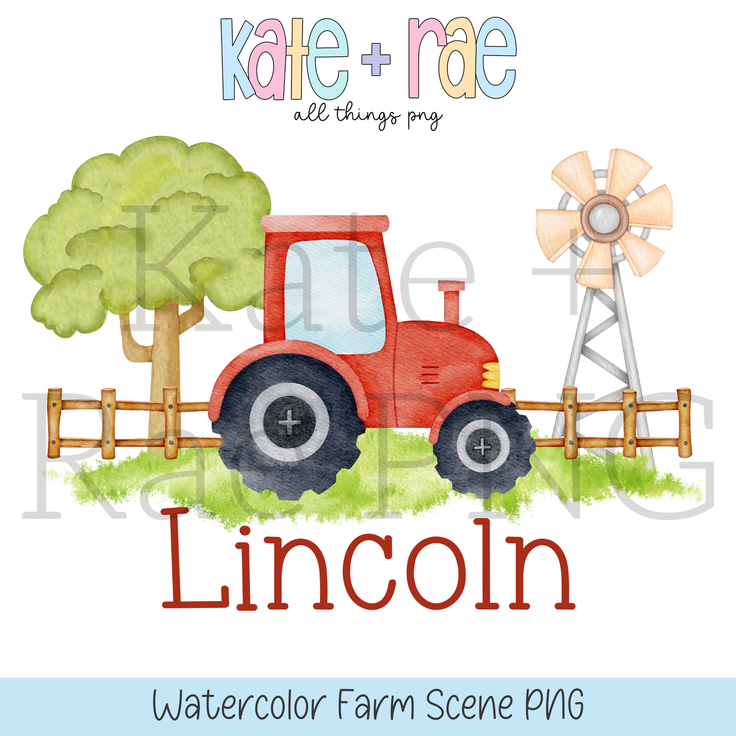 Watercolor Tractor and Farm Scene PNG