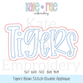 Tigers Bean Stitch Double Applique Embroidery Design: Design preview of the word Tigers in light blue with a red bean stitch double outline, available in 5x7, 6x10, 7x12, 8x8, and 9x9