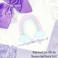 Rainbow Sketch Stitch Embroidery Design: Pastel rainbow with clouds above the name mackenzie in purple script on a white shirt with a purple bow