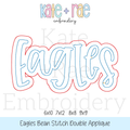 Eagles Bean Stitch Double Applique Embroidery Design: Design preview of the word Eagles in light blue script with a red bean stitch double outline, available in 6x10, 7x12, 8x8, and 9x9