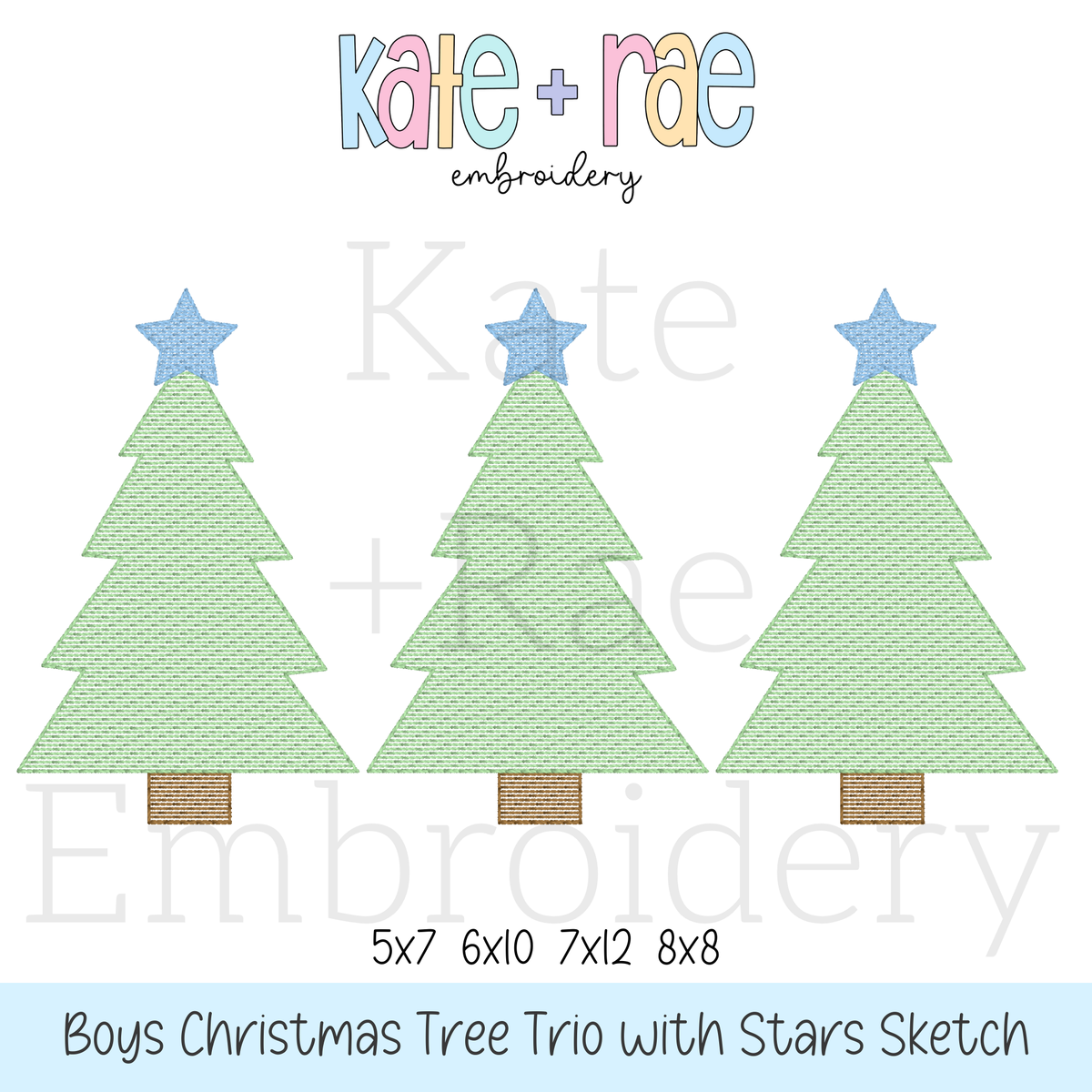 Boys Christmas Tree Trio Sketch Stitch Embroidery Design: Design preview of three green sketch stitch Christmas trees with blue stars, available in 5x7, 6x10, 7x12, and 8x8