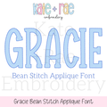 Gracie Bean Stitch Applique Embroidery Font: Font preview reading Gracie Bean Stitch Applique Font in light blue block letters
