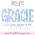 Gracie Bean Stitch Applique Embroidery Font: Font preview reading Gracie Bean Stitch Applique Font in light blue block letters