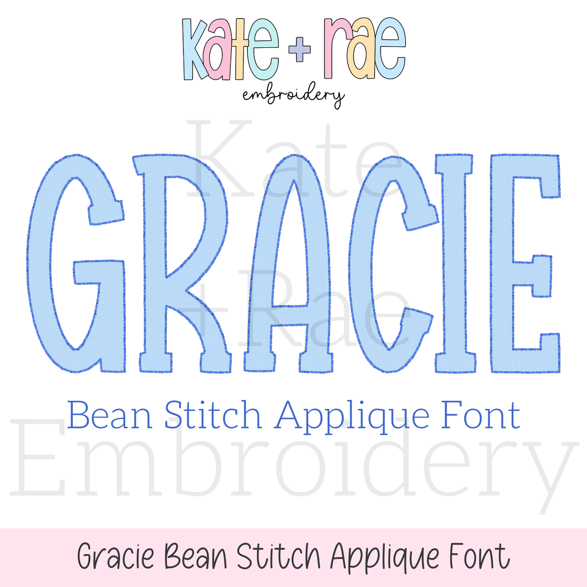 Gracie Bean Stitch Applique Embroidery Font: Font preview reading Gracie Bean Stitch Applique Font in light blue block letters