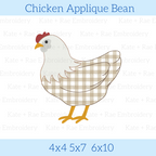 Chicken Bean Stitch Applique Embroidery Design: Design preview of a hen with a tan gingham body and red comb, available in 4x4, 5x7, and 6x10