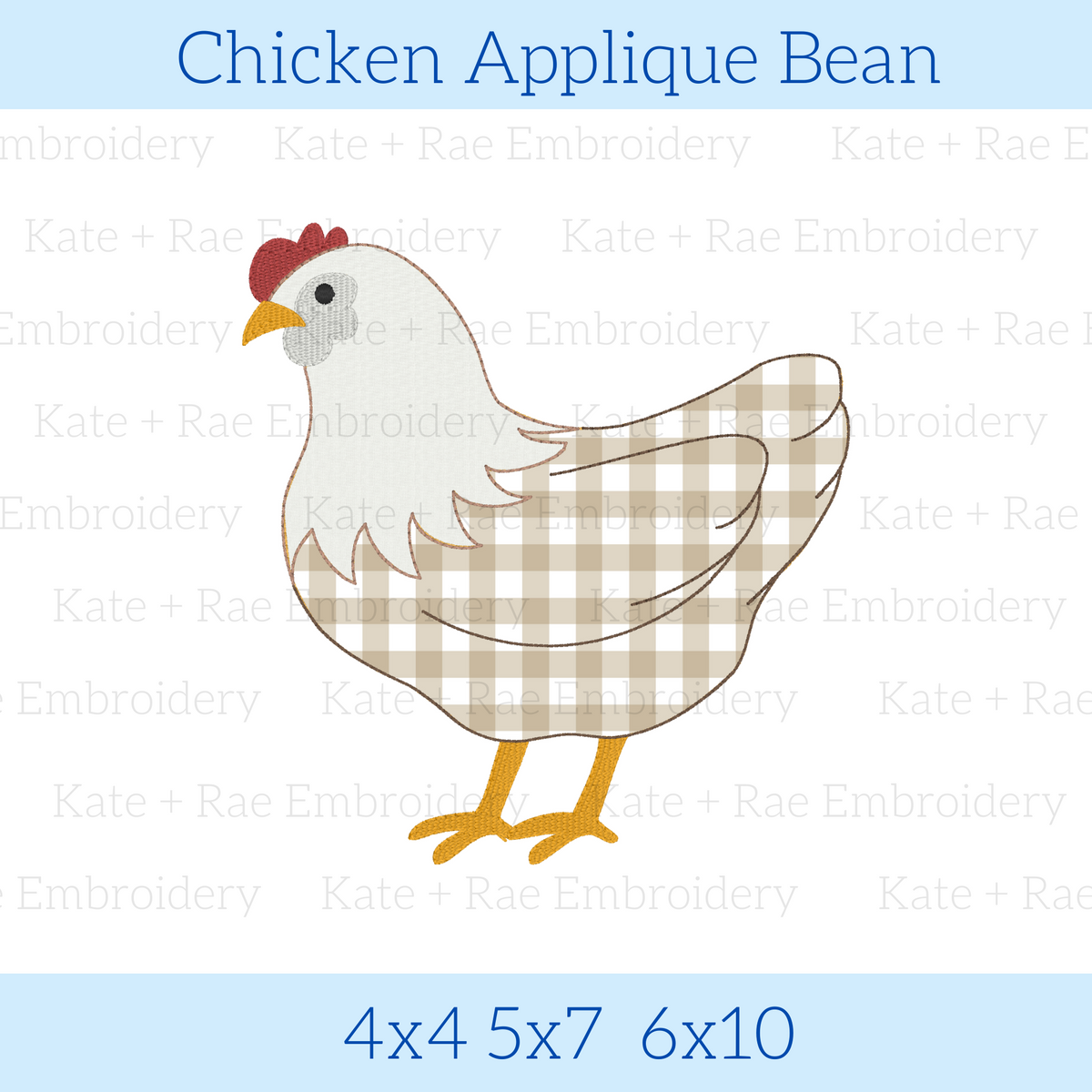 Chicken Bean Stitch Applique Embroidery Design: Design preview of a hen with a tan gingham body and red comb, available in 4x4, 5x7, and 6x10