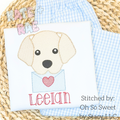 Boys Valentine's Day Puppy Sketch Stitch Embroidery Design: Sketch stitch puppy holding a blue envelope with a heart above the name Leelan on a white shirt