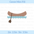 Canoe Mini Fill Embroidery Design: Design preview of a small brown canoe with a paddle over blue waves, available in 2, 2.5, 3, and 3.5 inch sizes