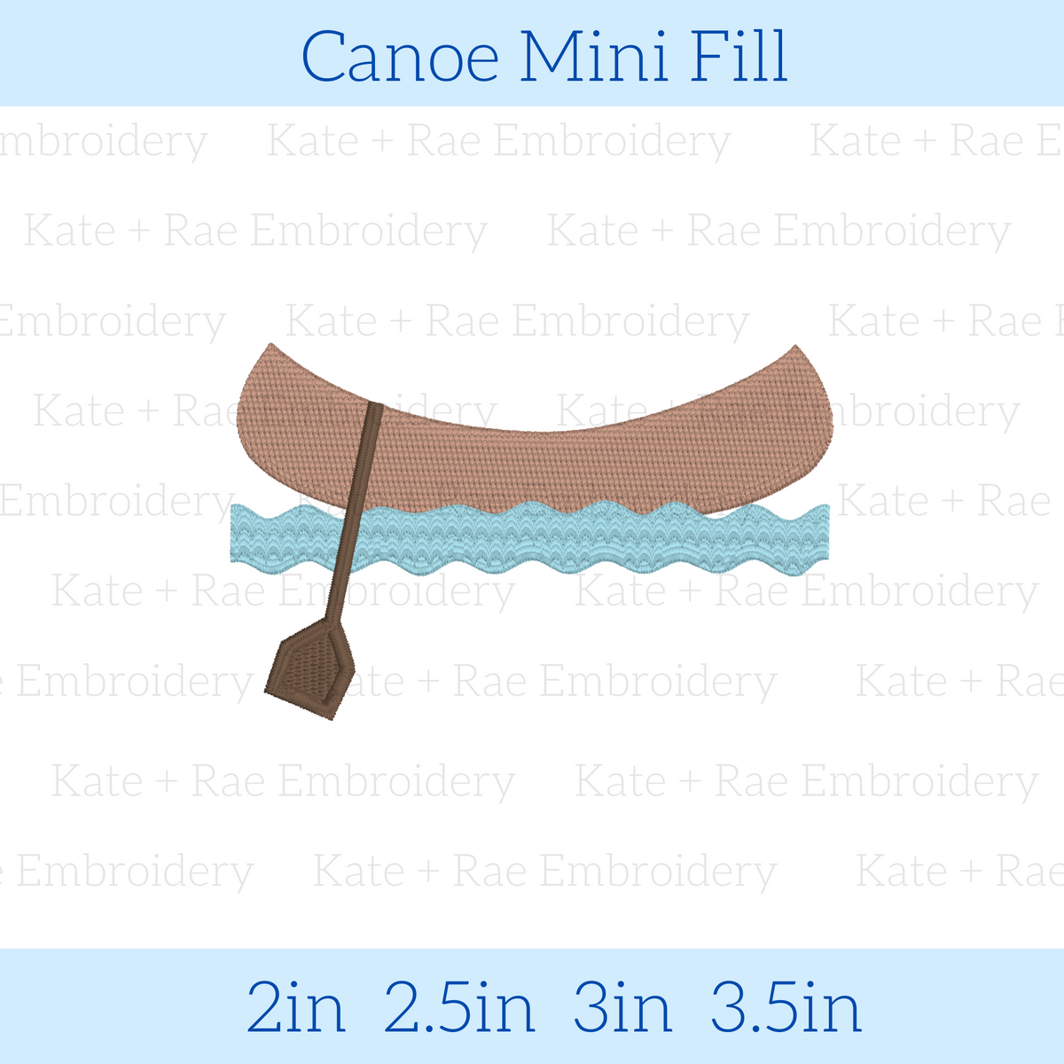 Canoe Mini Fill Embroidery Design: Design preview of a small brown canoe with a paddle over blue waves, available in 2, 2.5, 3, and 3.5 inch sizes
