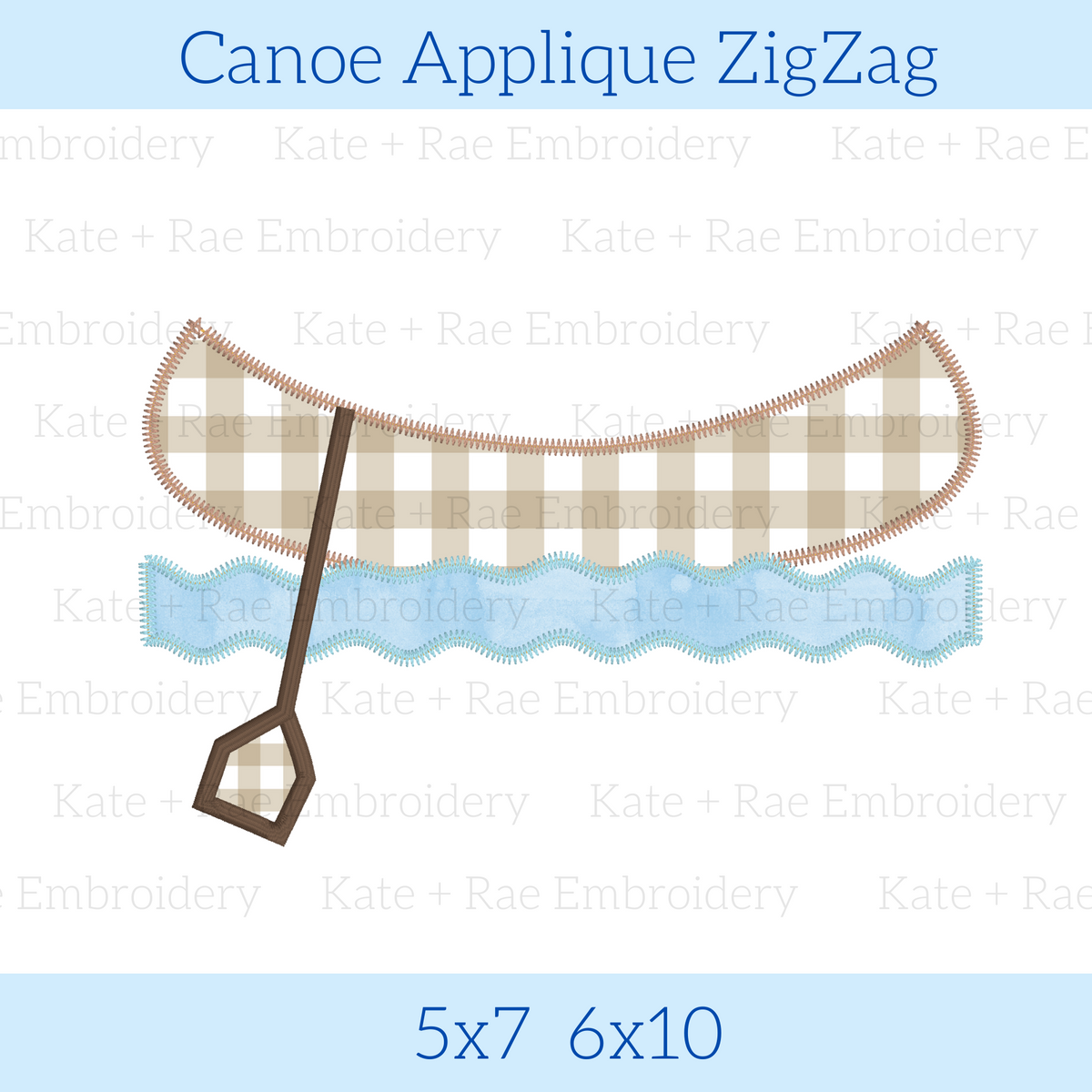 Canoe Zigzag Applique Embroidery Design: Design preview of a tan gingham canoe and paddle over blue waves, available in 5x7 and 6x10