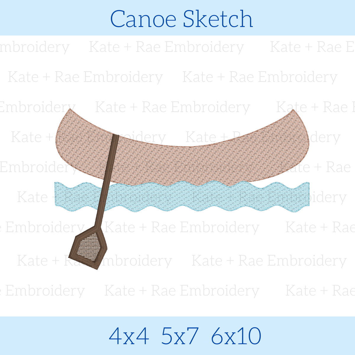 Canoe Sketch Stitch Embroidery Design: Design preview of a brown sketch stitch canoe and paddle over blue waves, available in 4x4, 5x7, and 6x10