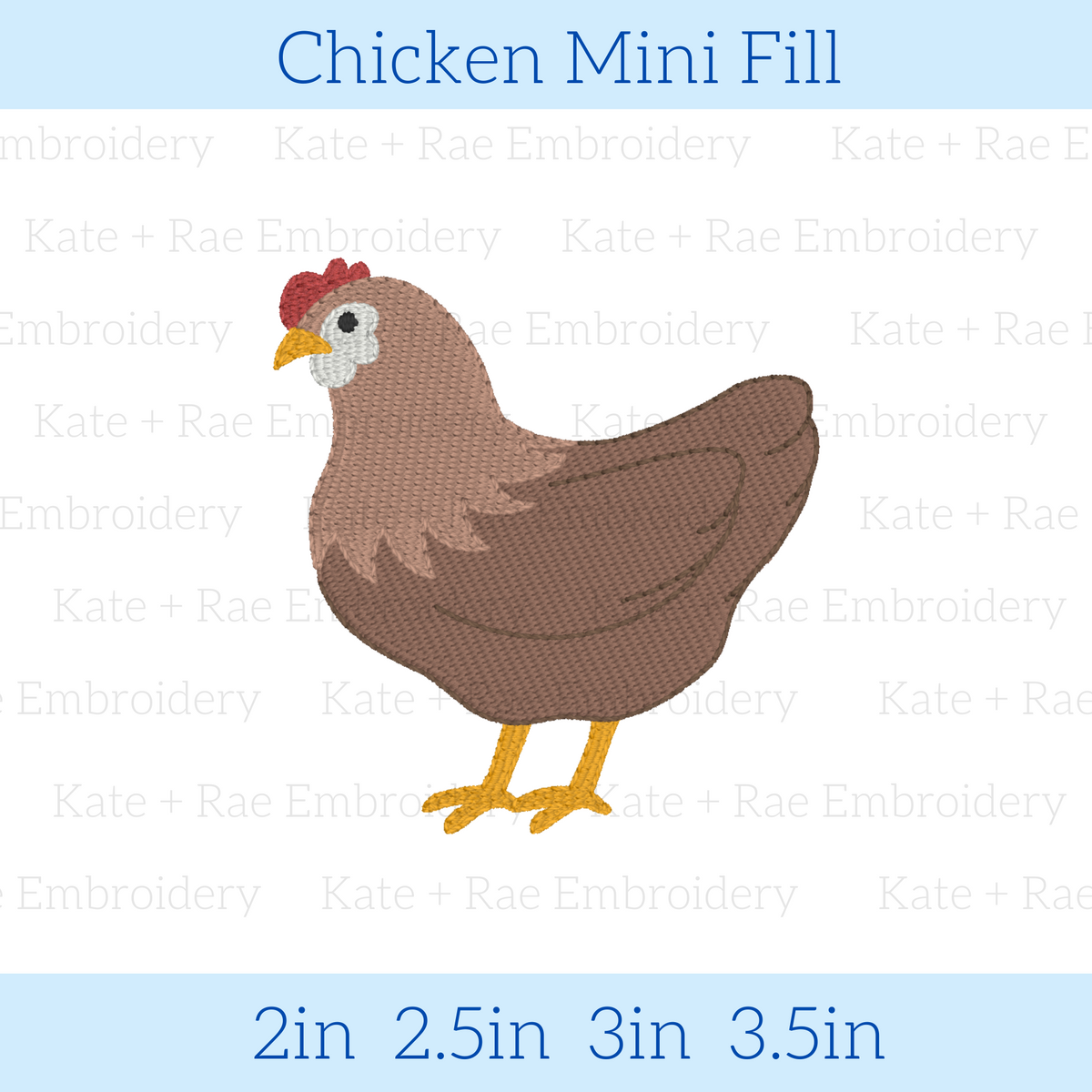 Chicken Mini Fill Embroidery Design: Design preview of a small brown fill stitch hen, available in 2, 2.5, 3, and 3.5 inch sizes
