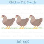 Chicken Trio Sketch Stitch Embroidery Design: Design preview of three brown sketch stitch hens standing on grass, available in 5x7 and 6x10
