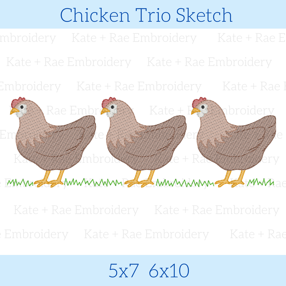 Chicken Trio Sketch Stitch Embroidery Design: Design preview of three brown sketch stitch hens standing on grass, available in 5x7 and 6x10