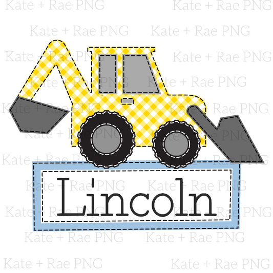 Yellow Gingham Backhoe Faux Applique PNG (Name Plate)