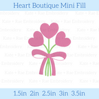Heart Bouquet Mini Fill Embroidery Design: Design preview of a bouquet of pink hearts tied with a pink bow, available in 1.5 to 3.5 inch sizes