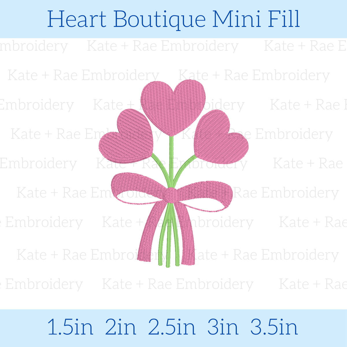 Heart Bouquet Mini Fill Embroidery Design: Design preview of a bouquet of pink hearts tied with a pink bow, available in 1.5 to 3.5 inch sizes