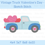 Vintage Truck Valentine's Day Sketch Stitch Embroidery Design: Design preview of a light blue vintage truck carrying pink and red hearts, available in 4x4, 5x7, 8x8, and 6x10