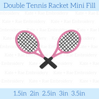 Double Tennis Racket Mini Fill Embroidery Design: Design preview of two crossed pink tennis rackets, available in 1.5 to 3.5 inch sizes