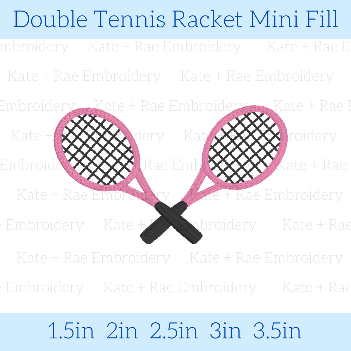 Double Tennis Racket Mini Fill Embroidery Design: Design preview of two crossed pink tennis rackets, available in 1.5 to 3.5 inch sizes