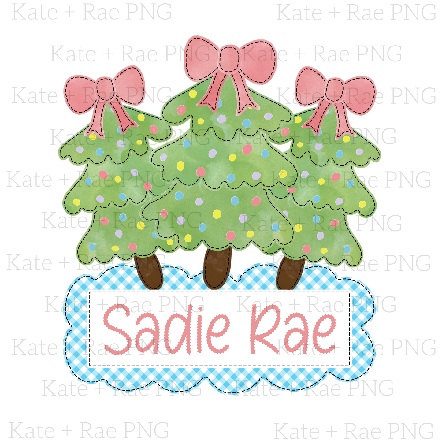 Christmas Tree Trio with Blue Gingham Name Plate