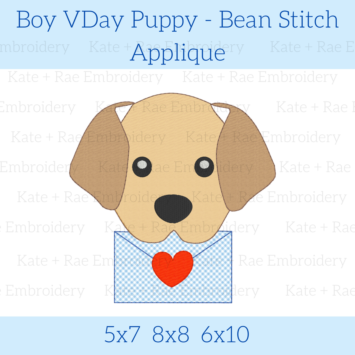 Boy Valentine's Day Puppy Bean Stitch Applique Embroidery Design: Design preview of a tan puppy holding a blue envelope with a red heart, available in 5x7, 8x8, and 6x10