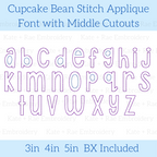 Cupcake Bean Stitch Applique Embroidery Font with Cutouts: Font preview of a lowercase a to z alphabet with middle cutouts in purple outlined letters, available in 3, 4, and 5 inch sizes with BX included