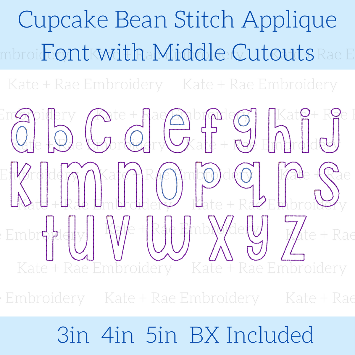 Cupcake Bean Stitch Applique Embroidery Font with Cutouts: Font preview of a lowercase a to z alphabet with middle cutouts in purple outlined letters, available in 3, 4, and 5 inch sizes with BX included