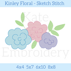 Kinley Floral Sketch Stitch Embroidery Design: Design preview of blue, pink, and purple sketch stitch flowers with green leaves, available in 4x4, 5x7, 6x10, and 8x8