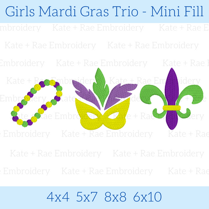 Girls Mardi Gras Fill Stitch Trio Embroidery Design