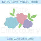 Kinley Floral Mini Fill Stitch Embroidery Design: Design preview of blue, pink, and purple fill stitch flowers with green leaves, available in 1.5 to 3 inch sizes