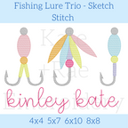 Fishing Lure Trio Sketch Stitch Embroidery Design: Design preview of three pastel fishing lures above the name kinley kate in pink script, available in 4x4, 5x7, 6x10, and 8x8
