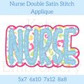 Nurse Double Satin Stitch Applique Embroidery Design: Design preview of the word NURSE in blue glitter letters with a colorful leopard print and pink double outline, available in 5x7, 6x10, 7x12, and 8x8