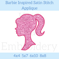 Barbie Inspired Satin Stitch Applique Embroidery Design: Design preview of a pink glitter satin applique silhouette of a girl with a high ponytail, available in 4x4, 5x7, 6x10, and 8x8